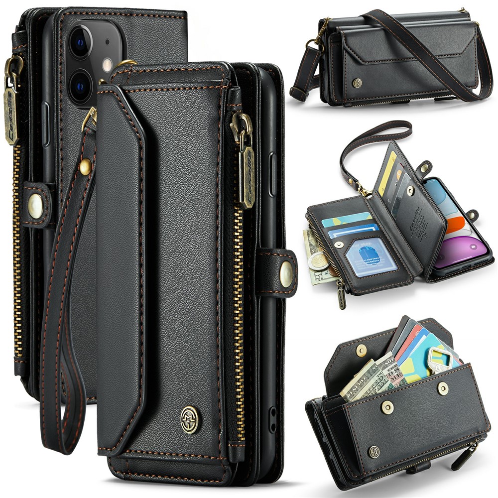 For iPhone 11 Leather Case CASEME C36 Zipper Multiple Card Slots Phone Cover with Straps - Black
