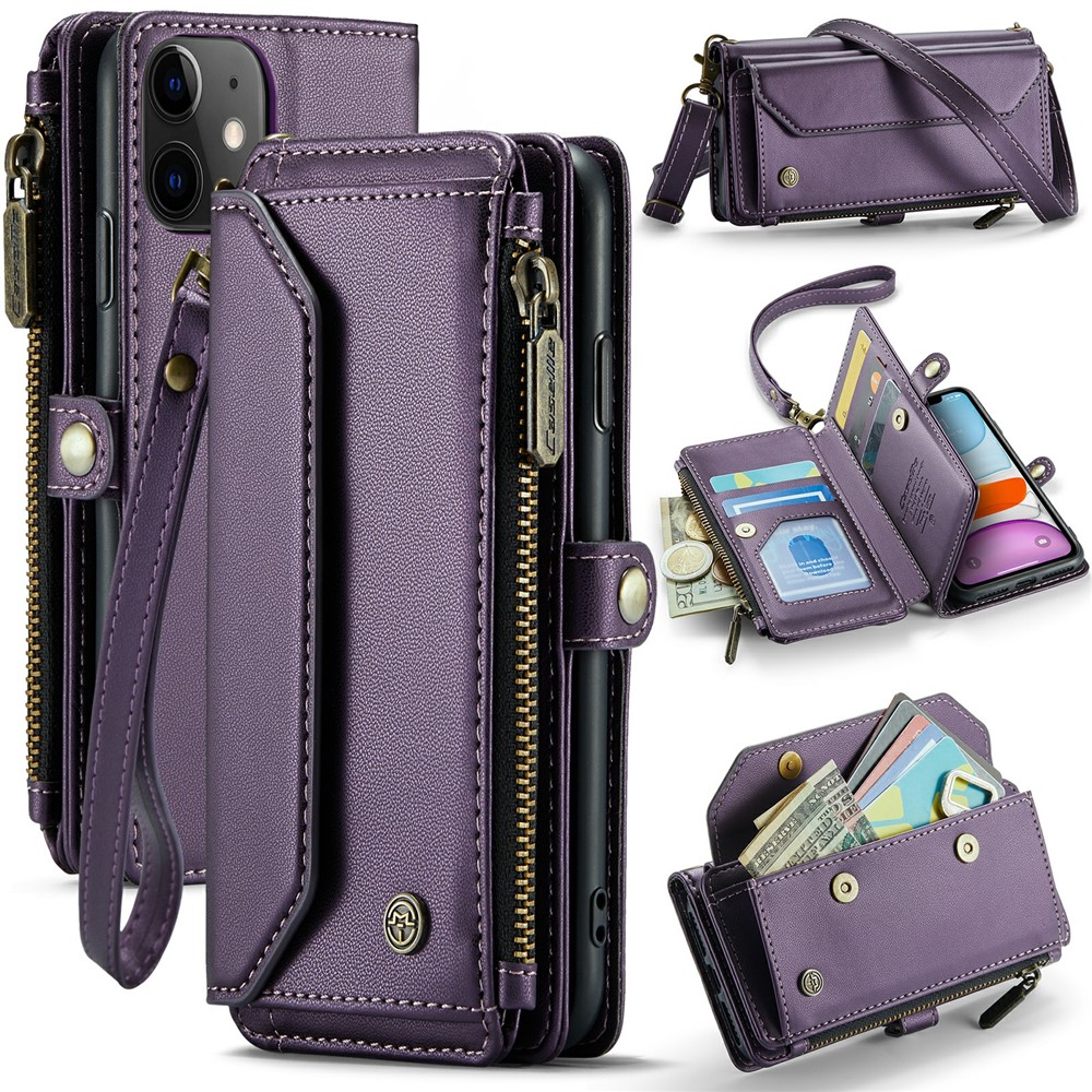 For iPhone 11 Leather Case CASEME C36 Zipper Multiple Card Slots Phone Cover with Straps - Purple