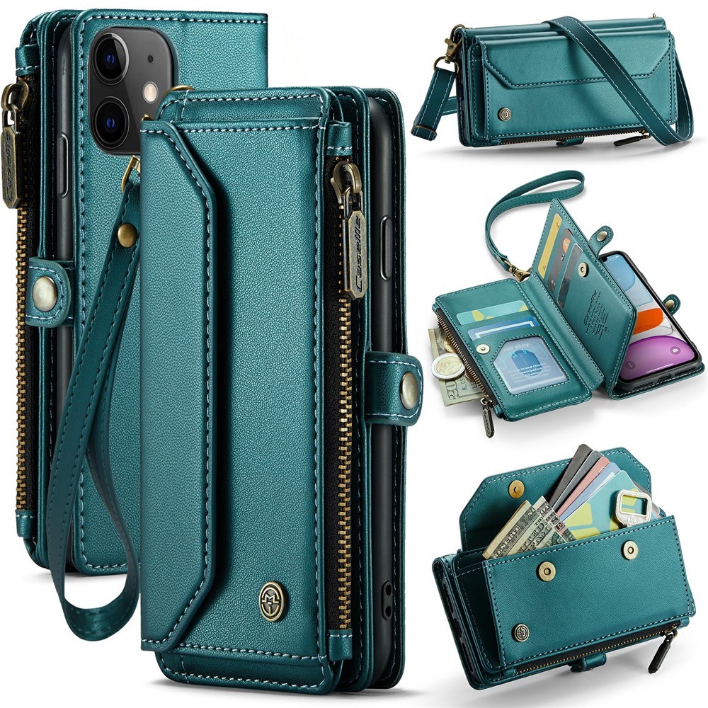 For iPhone 11 Leather Case CASEME C36 Zipper Multiple Card Slots Phone Cover with Straps - Green