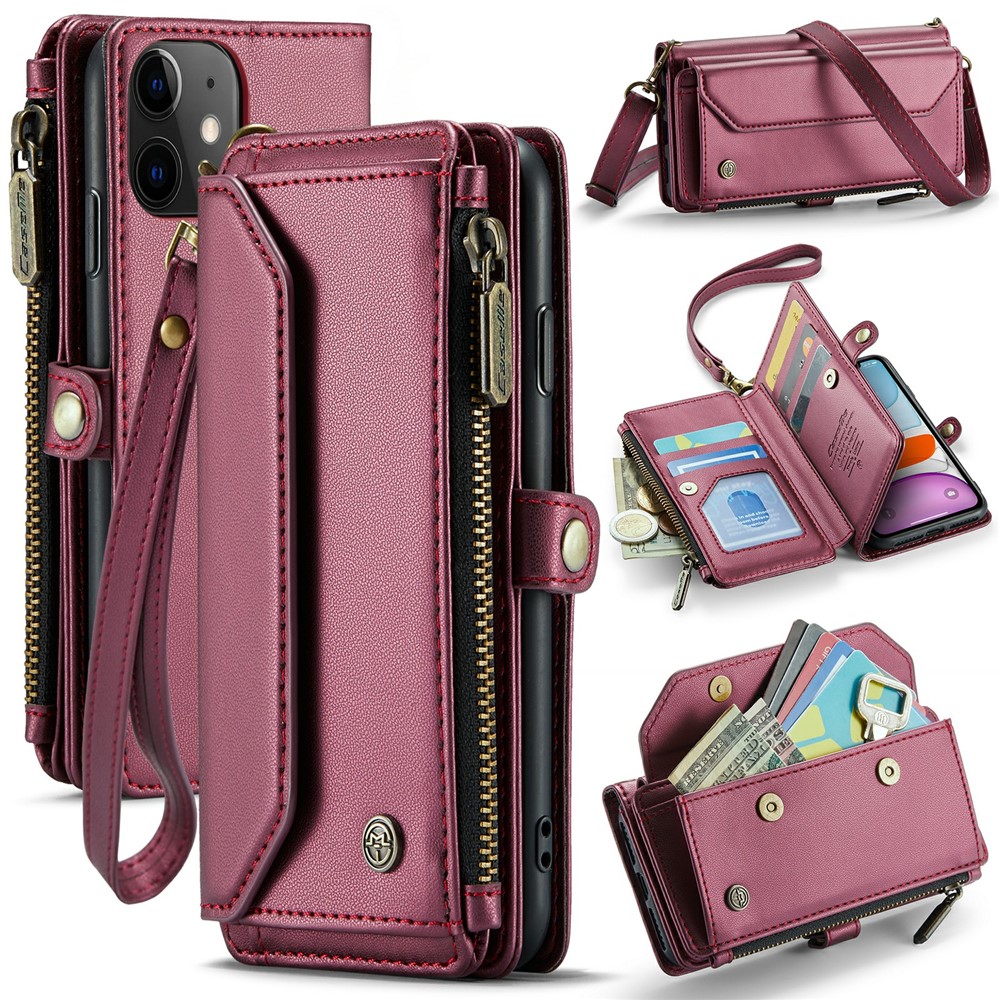 For iPhone 11 Leather Case CASEME C36 Zipper Multiple Card Slots Phone Cover with Straps - Wine Red