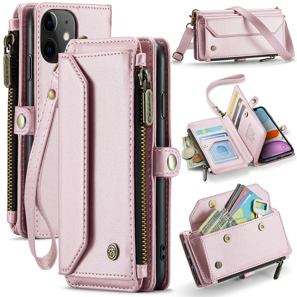 For iPhone 11 Leather Case CASEME C36 Zipper Multiple Card Slots Phone Cover with Straps - Pink