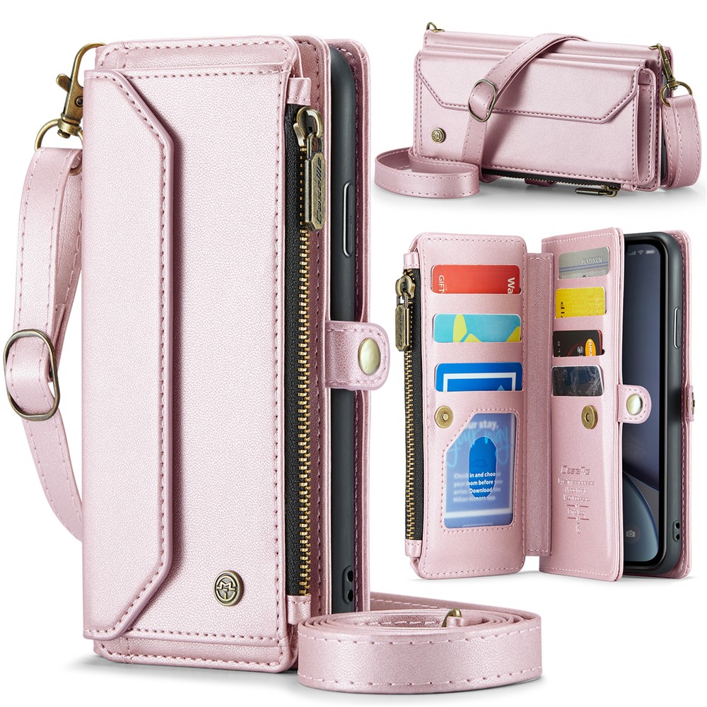 For iPhone XR Leather Case CASEME C36 Zipper Multiple Card Slots Phone Cover with Straps - Pink