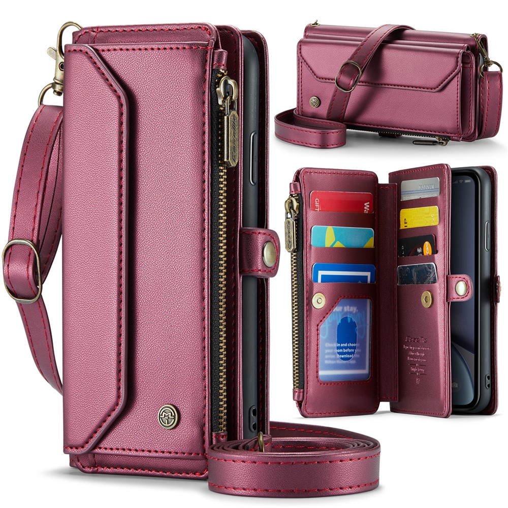 For iPhone XR Leather Case CASEME C36 Zipper Multiple Card Slots Phone Cover with Straps - Wine Red