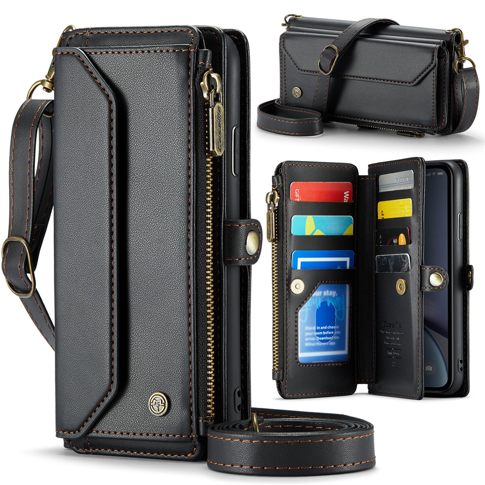 For iPhone XR Leather Case CASEME C36 Zipper Multiple Card Slots Phone Cover with Straps - Black