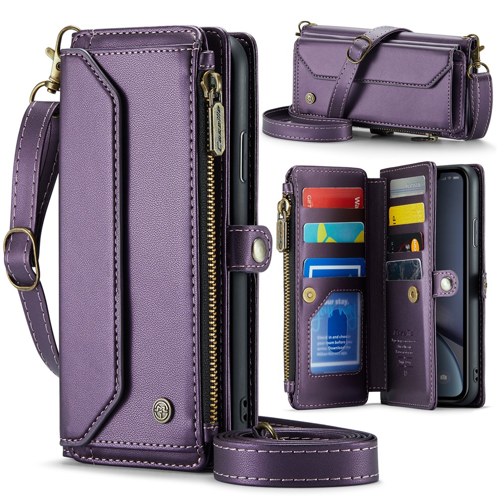 For iPhone XR Leather Case CASEME C36 Zipper Multiple Card Slots Phone Cover with Straps - Purple