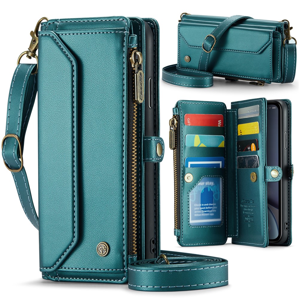 For iPhone XR Leather Case CASEME C36 Zipper Multiple Card Slots Phone Cover with Straps - Green