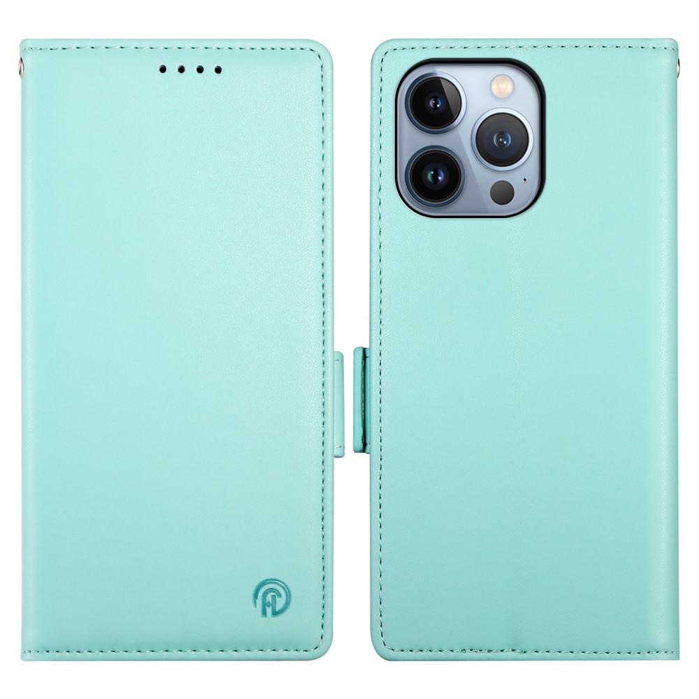 DF-010 For iPhone 13 Pro Case Full Protection PU Leather Phone Cover with Wallet - Mint Green