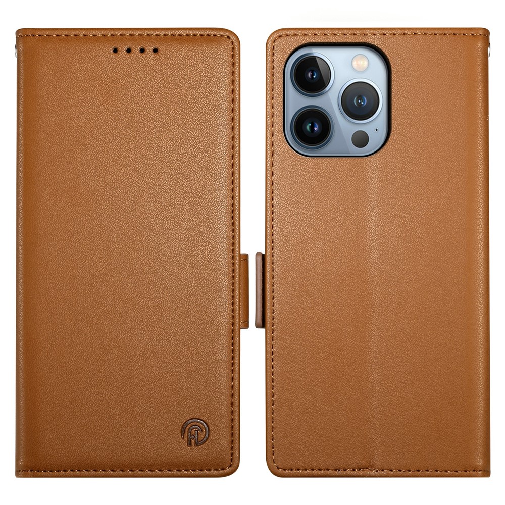 DF-010 For iPhone 13 Pro Case Full Protection PU Leather Phone Cover with Wallet - Brown