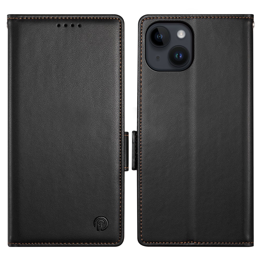 DF-010 For iPhone 14 Case Solid Color PU Leather Wallet Drop-Proof Phone Cover - Black