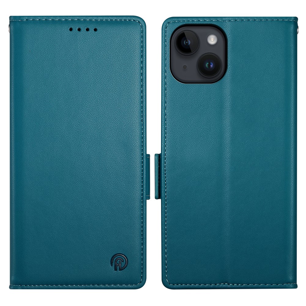 DF-010 For iPhone 14 Case Solid Color PU Leather Wallet Drop-proof Phone Cover - Blue