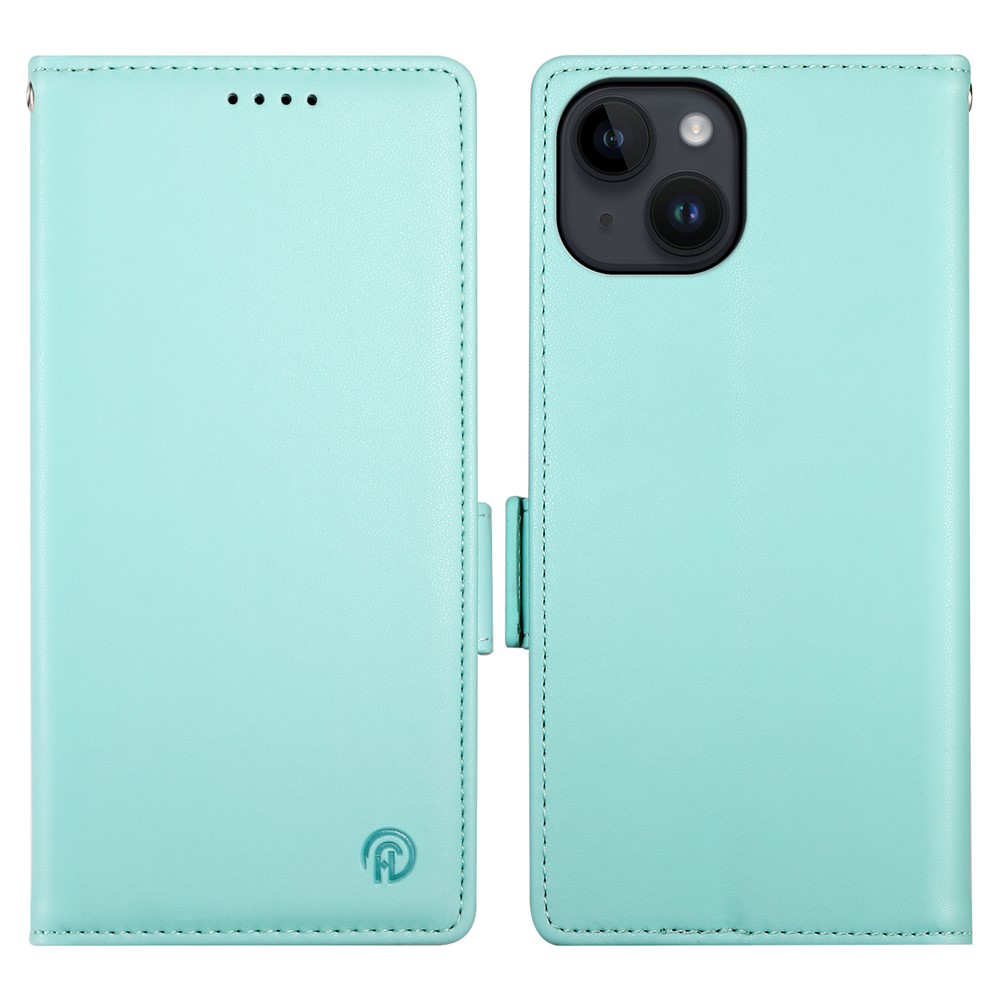 DF-010 For iPhone 14 Case Solid Color PU Leather Wallet Drop-proof Phone Cover - Mint Green