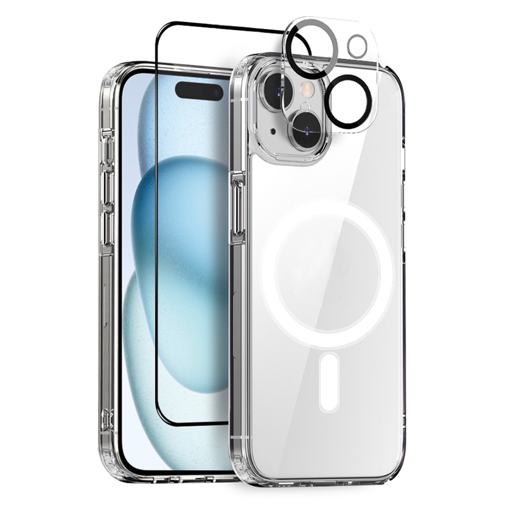 NORTHJO For iPhone 15 Plus Anti-Scratch Clear Phone Case + Tempered Glass Film + Lens Protector, Compatible with MagSafe