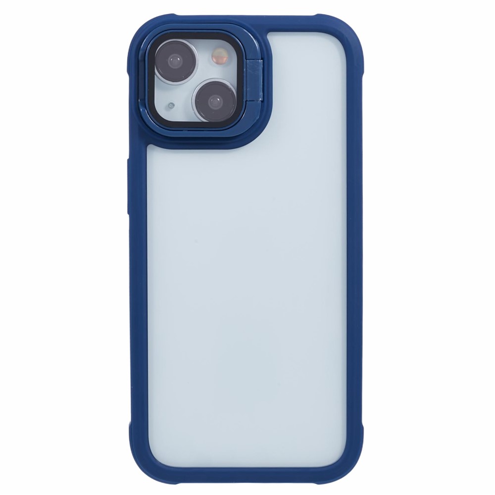 For iPhone 13 Case Lens Frame Kickstand PC + TPU Non-Slip Edge Phone Cover - Dark Blue