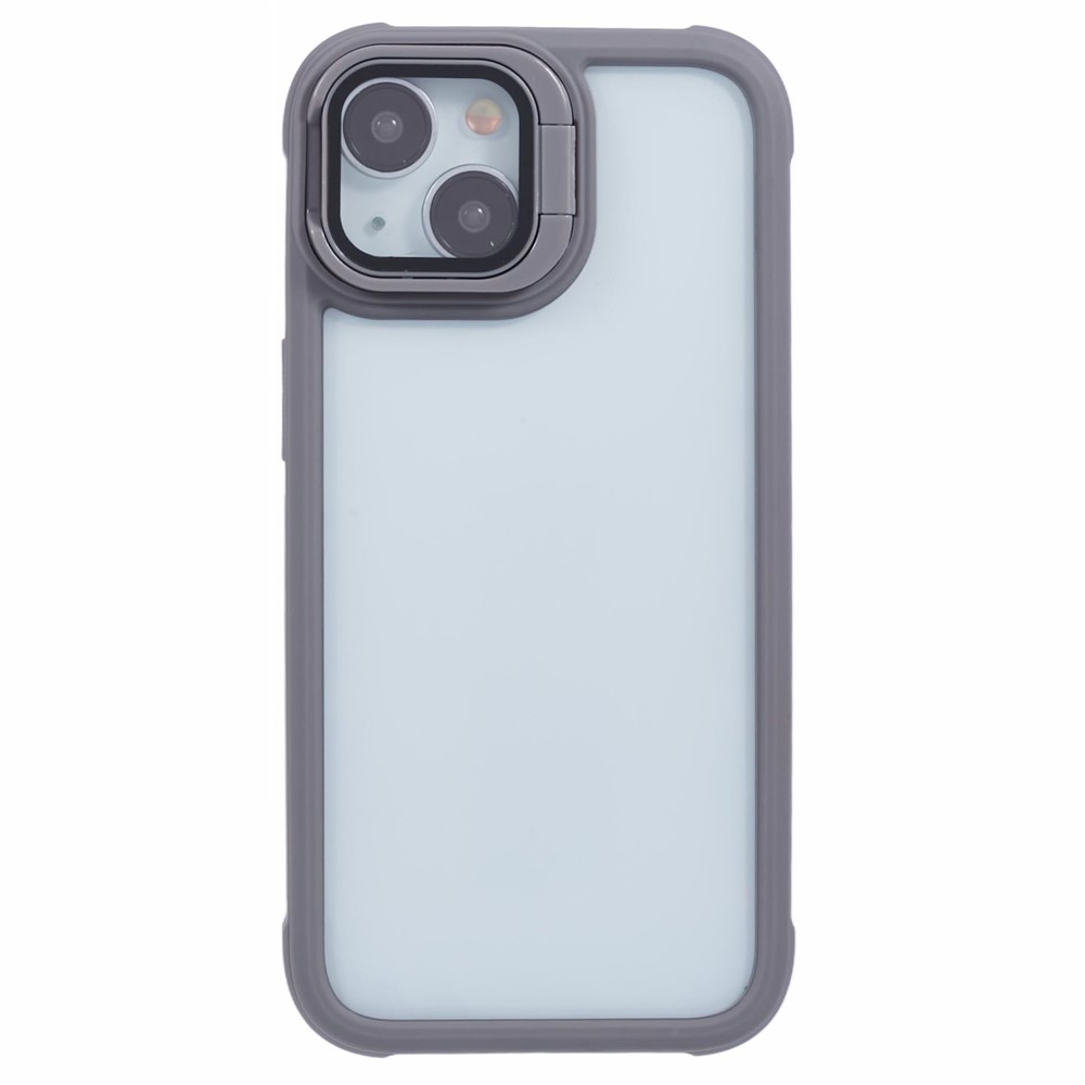For iPhone 13 Case Lens Frame Kickstand PC + TPU Non-Slip Edge Phone Cover - Grey