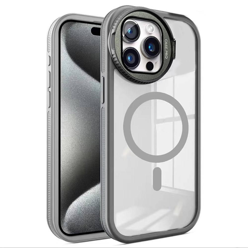 For iPhone 13 Pro Case Lens Guard Kickstand TPU+Acrylic Cell Phone Cover Compatible with MagSafe - Grey