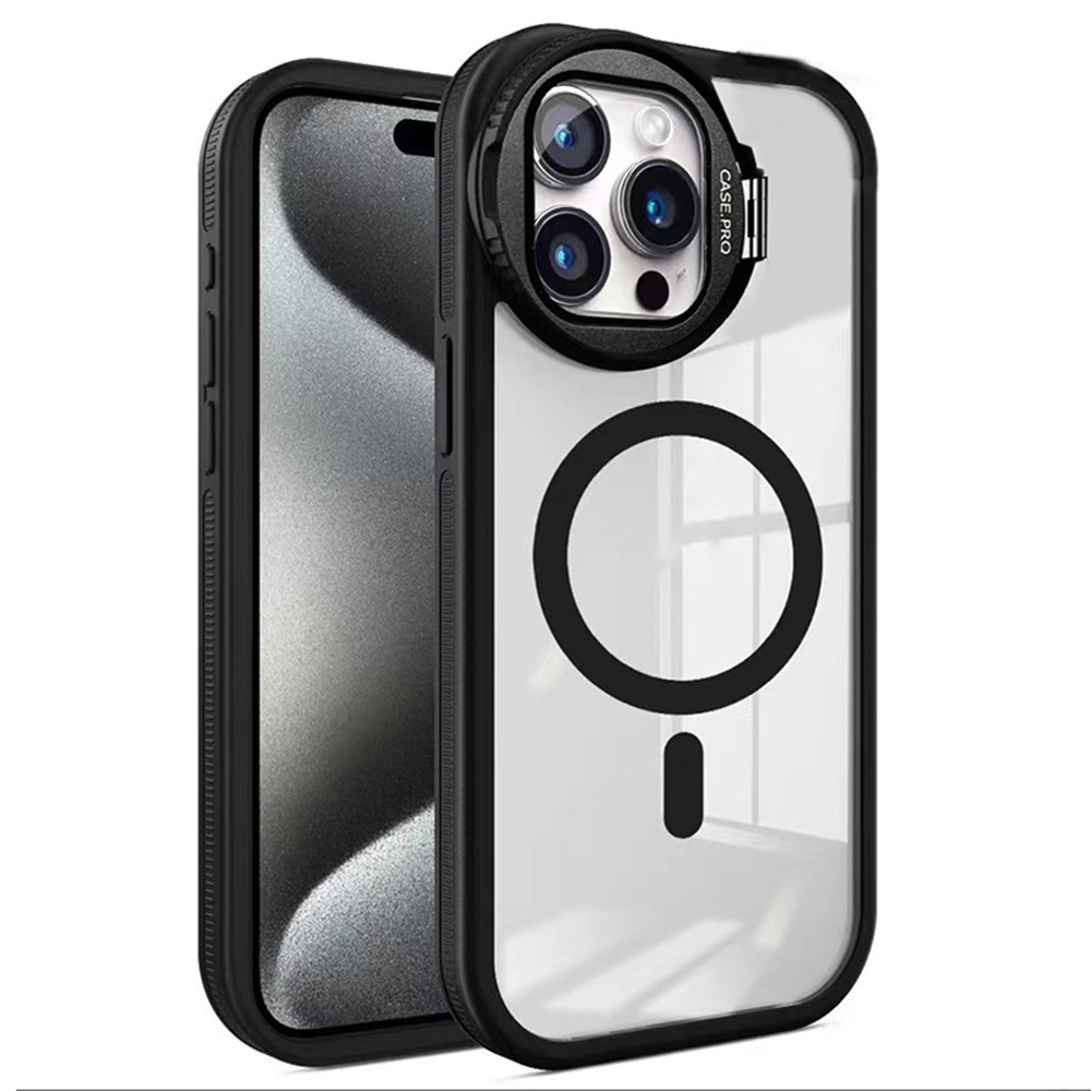 For iPhone 13 Pro Case Lens Guard Kickstand TPU+Acrylic Cell Phone Cover Compatible with MagSafe - Black