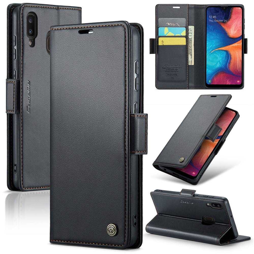CASEME 023 Series For Samsung Galaxy A20 / A30 / M10s Glossy Case RFID Blocking Leather Phone Cover - Black
