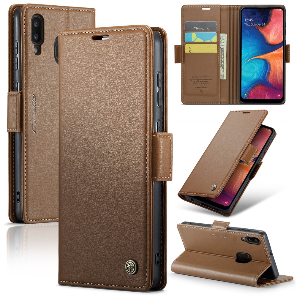 CASEME 023 Series For Samsung Galaxy A20 / A30 / M10s Glossy Case RFID Blocking Leather Phone Cover - Brown
