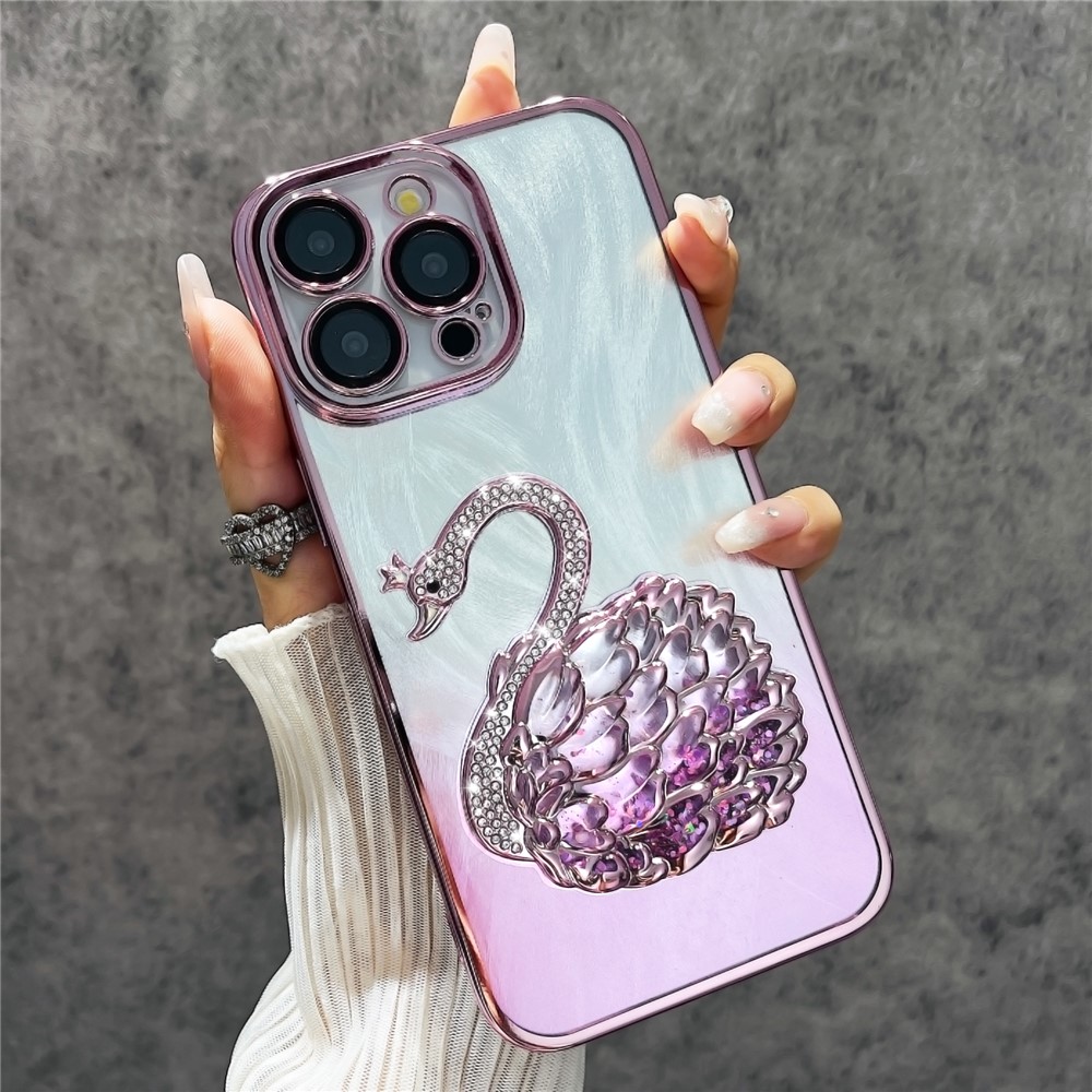 For iPhone 12 Pro Case Feather Yarn Design Stylish Quicksand Swan TPU Phone Cover with Lens Film - Pink