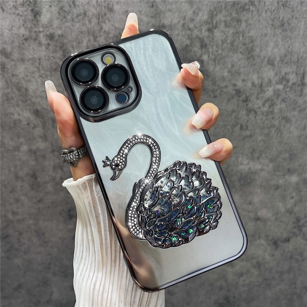 For iPhone 12 Pro Case Feather Yarn Design Stylish Quicksand Swan TPU Phone Cover with Lens Film - Black