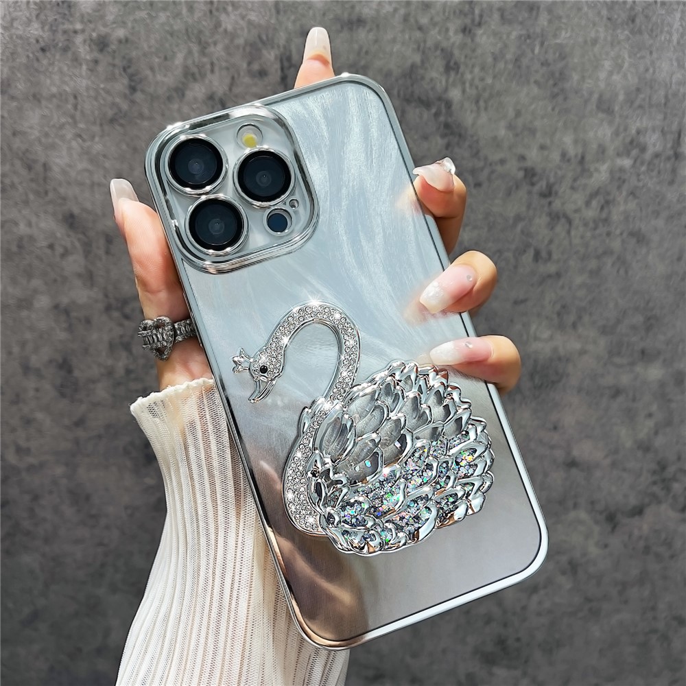 For iPhone 12 Pro Case Feather Yarn Design Stylish Quicksand Swan TPU Phone Cover with Lens Film - Silver