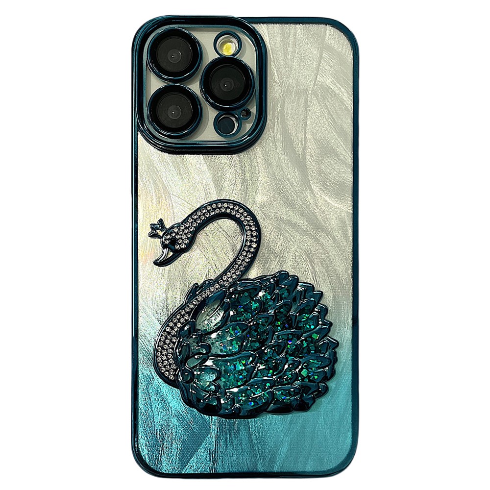 For iPhone 13 Pro Case Feather Yarn Texture Quicksand Swan TPU Phone Cover with Glass Lens Film - Blue