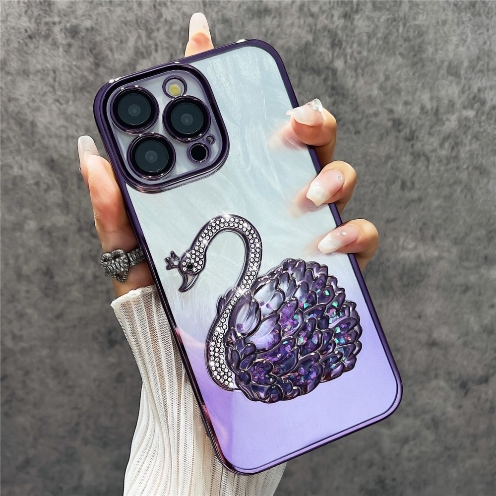 For iPhone 13 Pro Case Feather Yarn Texture Quicksand Swan TPU Phone Cover with Glass Lens Film - Purple