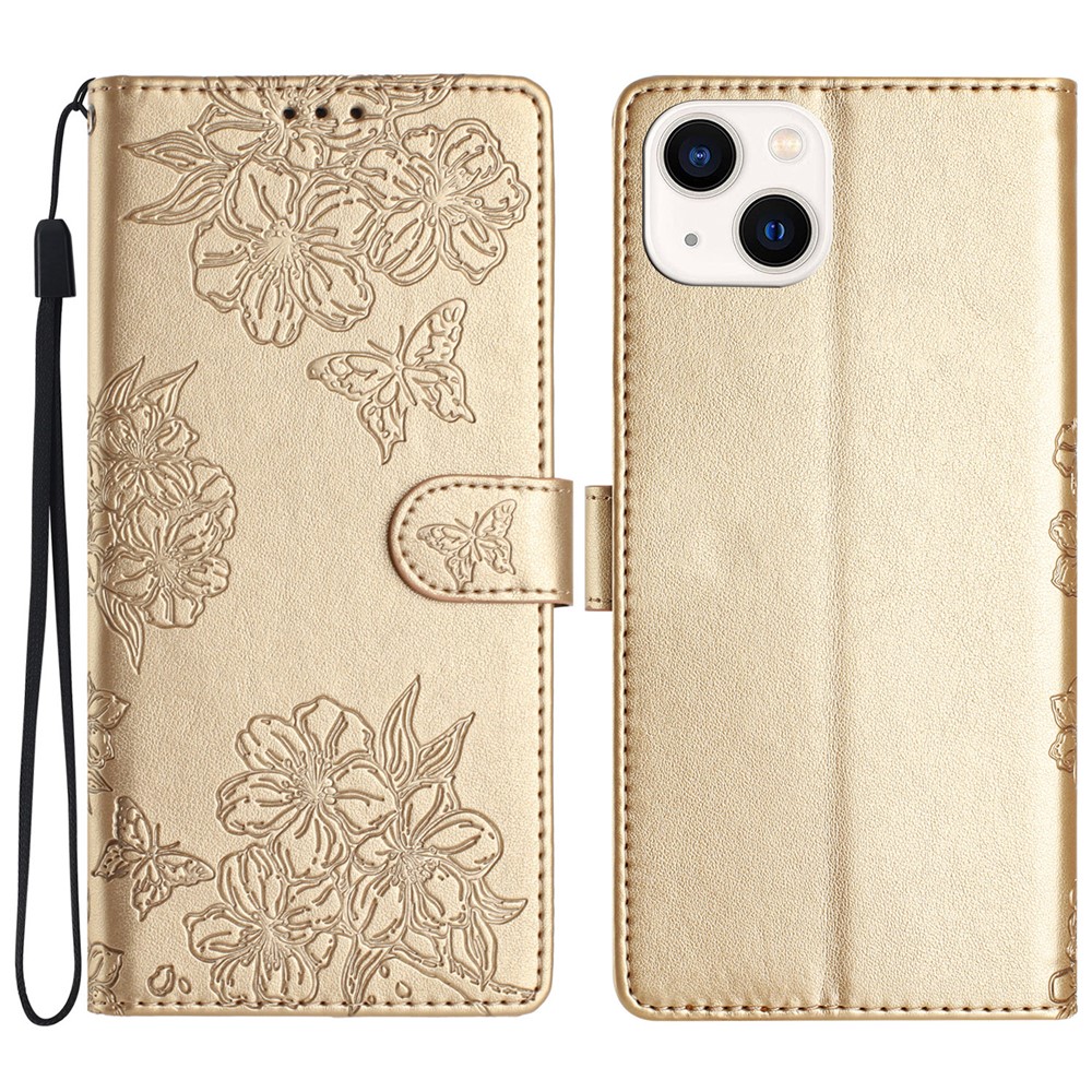 For iPhone 15 Plus PU Leather Phone Case Skin-Touch Feeling Imprinted Pattern Wallet Phone Cover - Gold