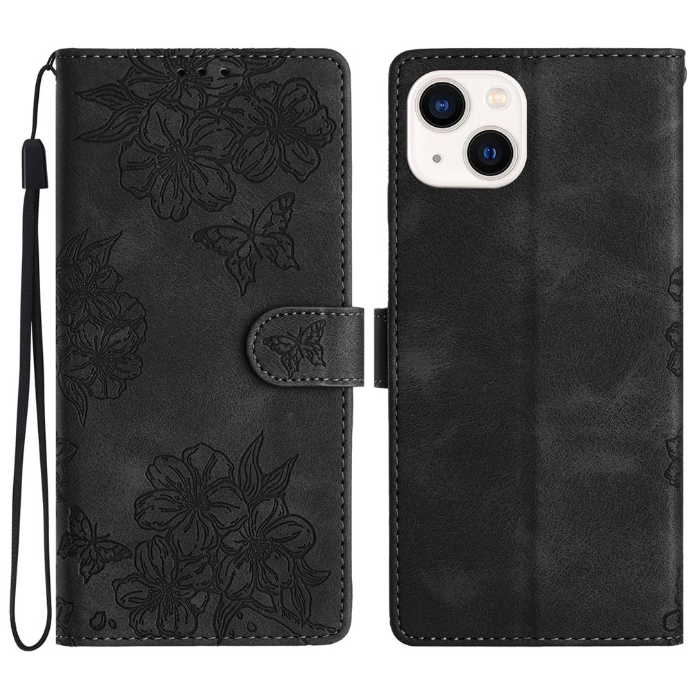 For iPhone 14 Plus Skin-Touch Feeling PU Leather Phone Case Imprinted Pattern Wallet Phone Cover - Black