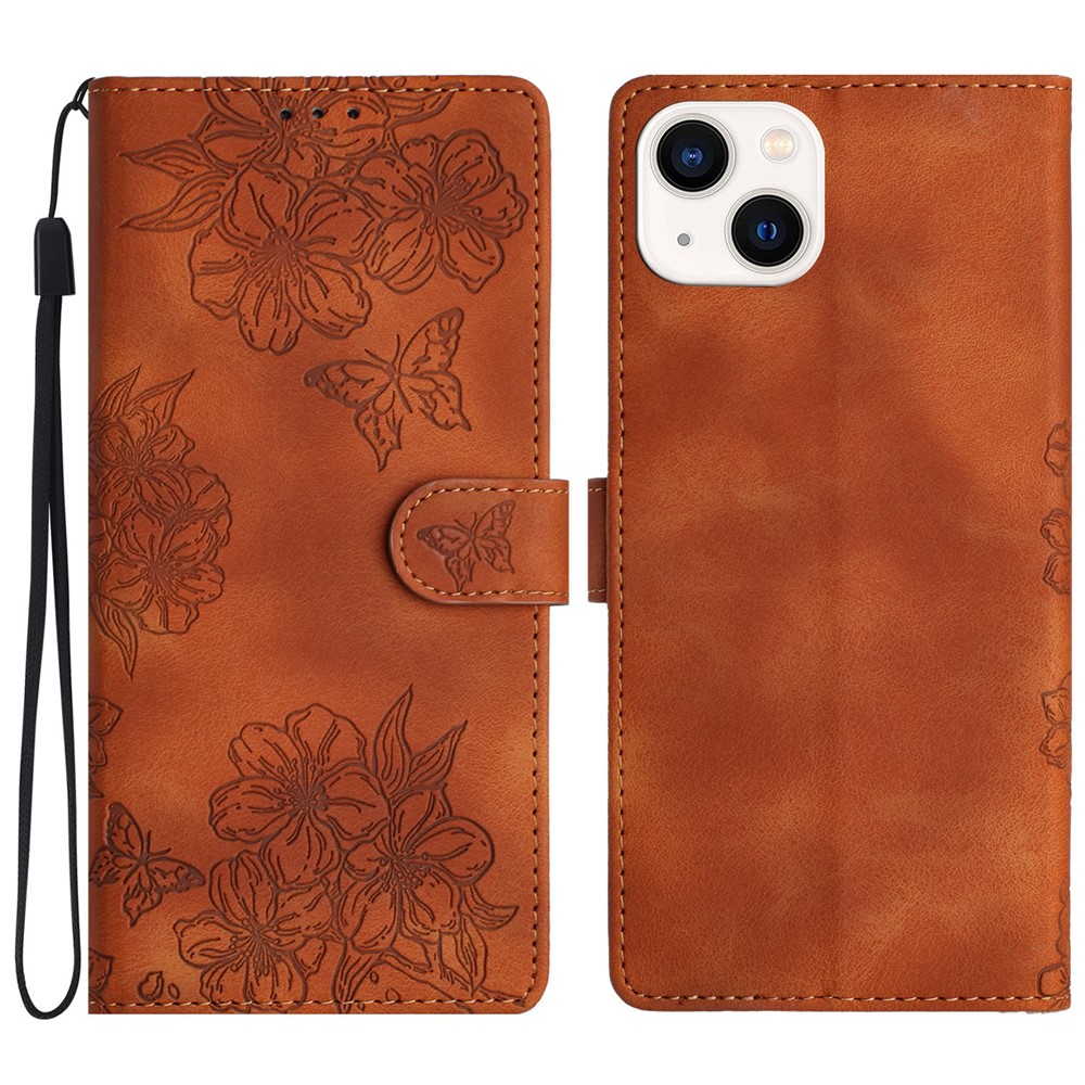 For iPhone 14 Plus Skin-Touch Feeling PU Leather Phone Case Imprinted Pattern Wallet Phone Cover - Brown