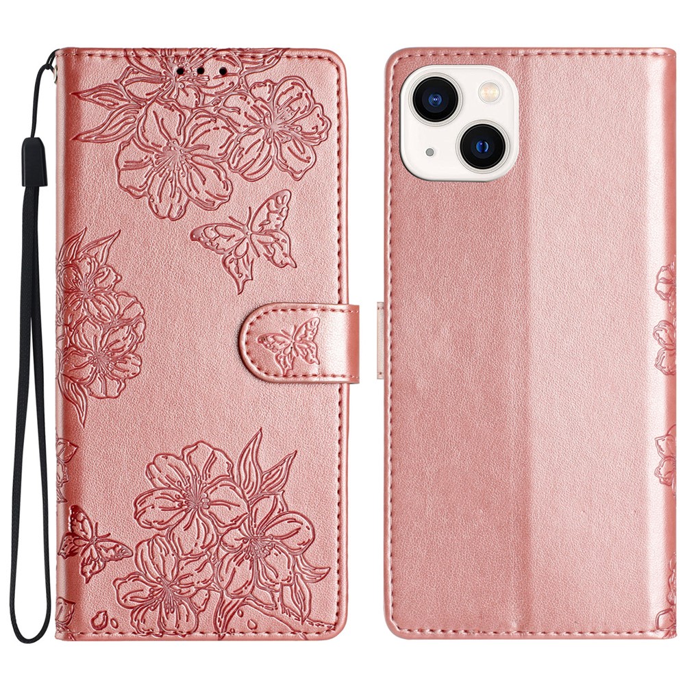 For iPhone 14 Plus Skin-Touch Feeling PU Leather Phone Case Imprinted Pattern Wallet Phone Cover - Rose Gold