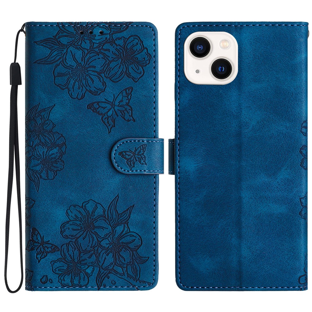 For iPhone 13 Wholesale Phone Shell PU Leather Phone Case Imprinted Pattern Wallet Phone Cover - Blue