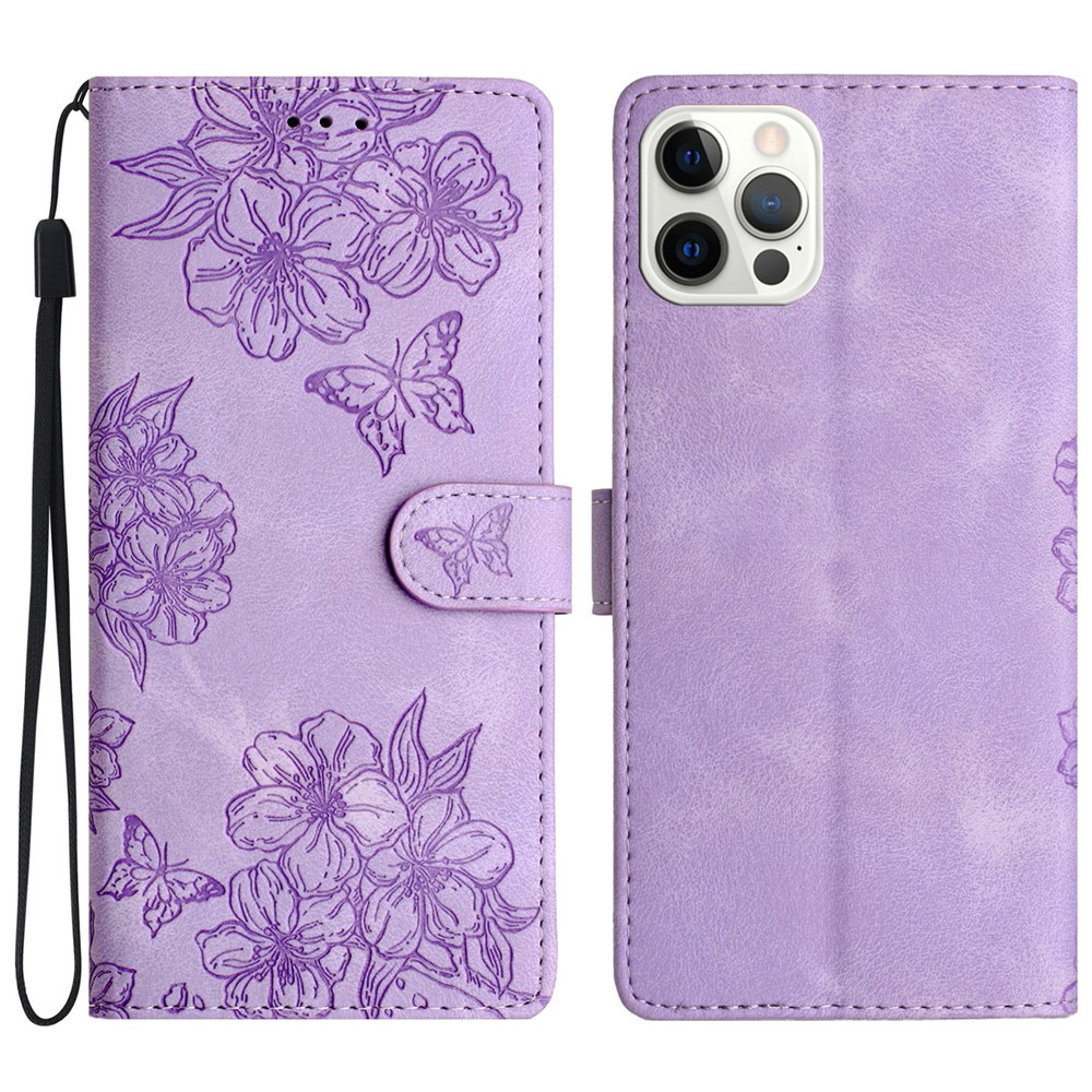 For iPhone 12 Pro Skin-Touch Feeling Phone Case TPU+PU Leather Imprinted Pattern Wallet Phone Cover - Purple