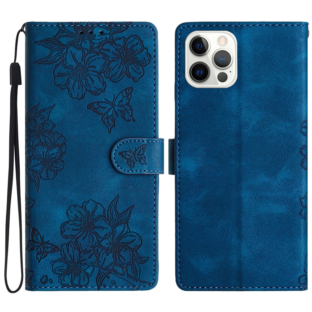 For iPhone 12 Pro Skin-Touch Feeling Phone Case TPU+PU Leather Imprinted Pattern Wallet Phone Cover - Blue