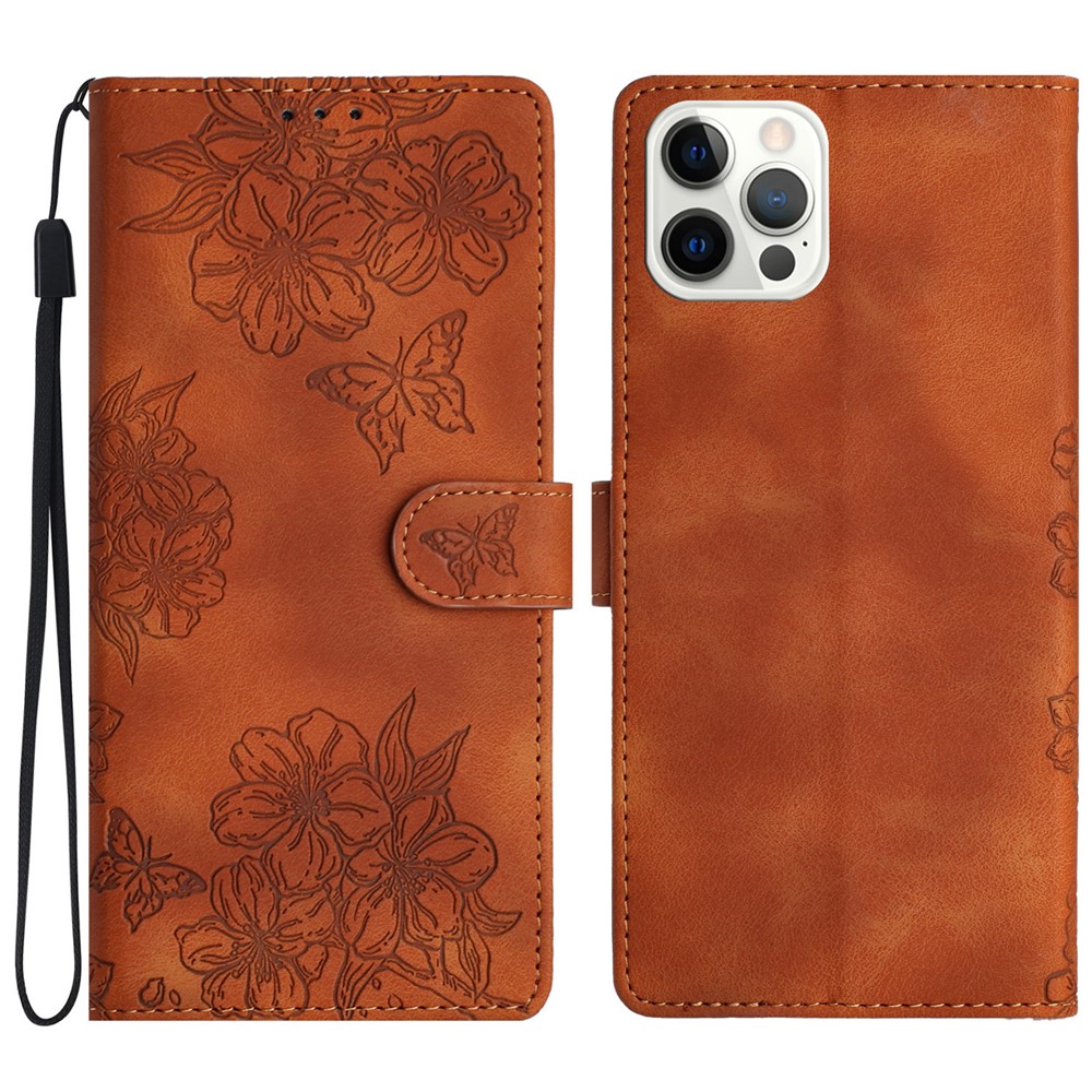 For iPhone 12 Pro Skin-Touch Feeling Phone Case TPU+PU Leather Imprinted Pattern Wallet Phone Cover - Brown