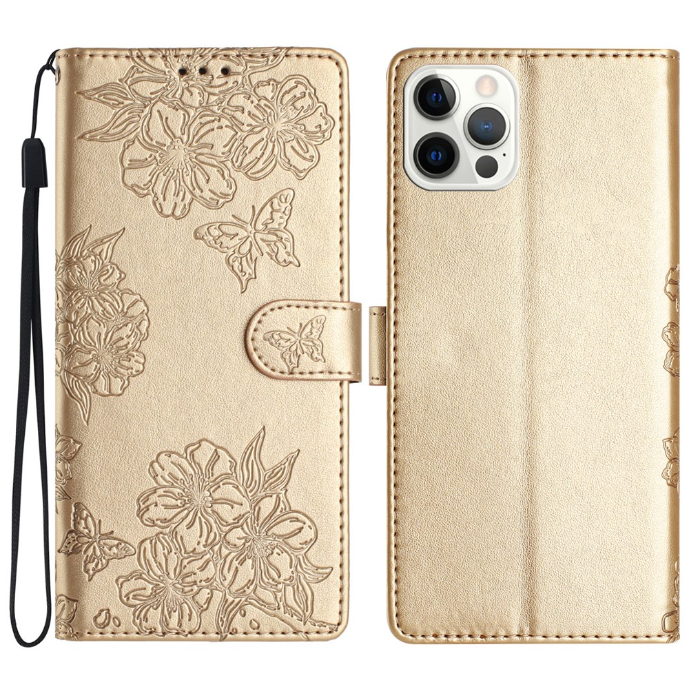 For iPhone 12 Pro Skin-Touch Feeling Phone Case TPU+PU Leather Imprinted Pattern Wallet Phone Cover - Gold