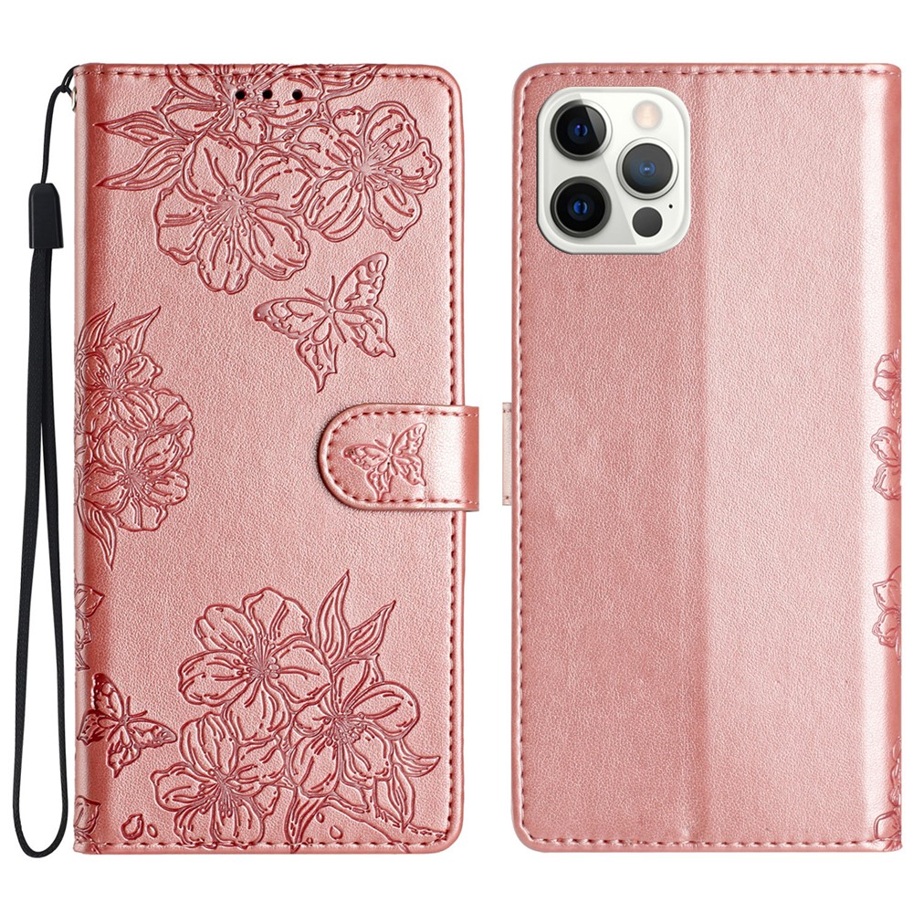 For iPhone 12 Pro Skin-Touch Feeling Phone Case TPU+PU Leather Imprinted Pattern Wallet Phone Cover - Rose Gold