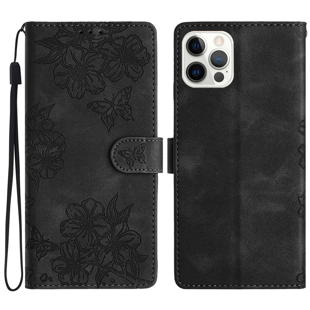 For iPhone 13 Pro Imprinted Pattern Wallet Phone Cover Skin-Touch Feeling PU Leather Cell Phone Case - Black