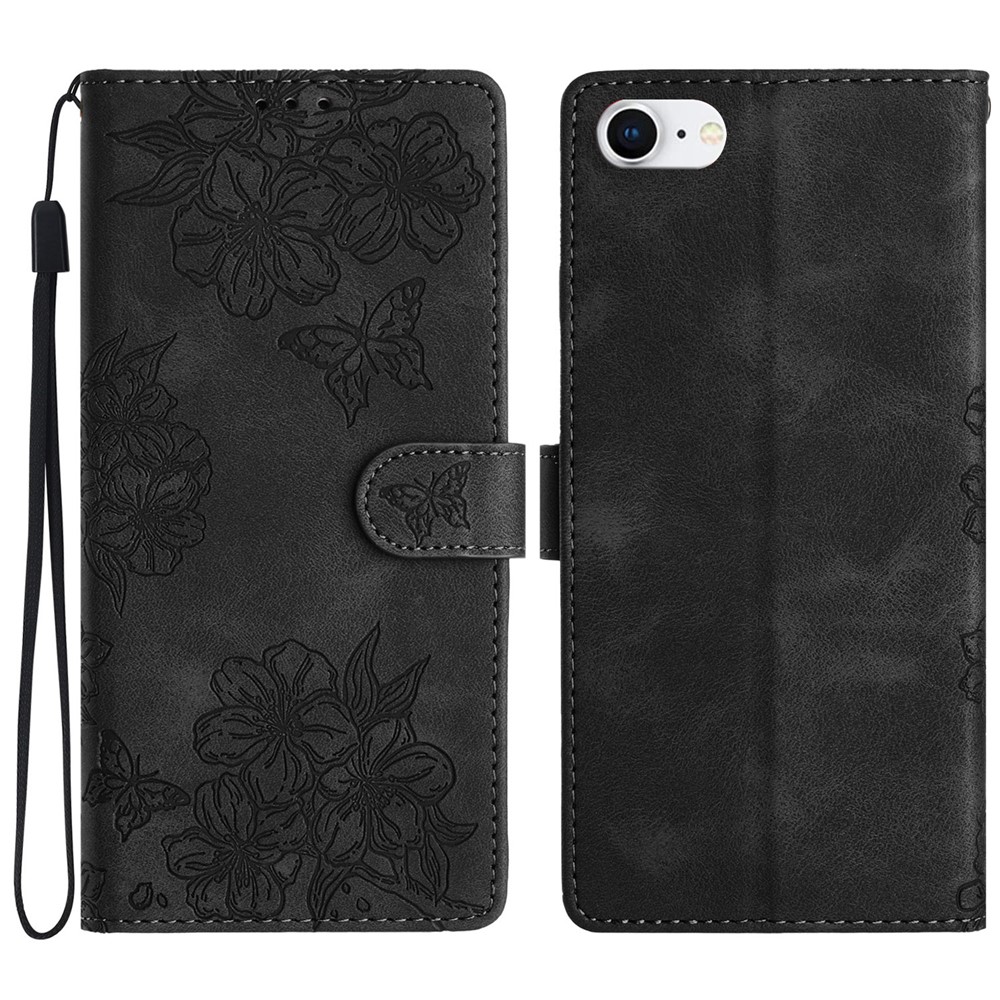 For iPhone 6 / 6s / 7 / 8 4.7 Inch / SE (2020) / SE (2022) Case Sakura Butterfly Imprint Leather Wallet Stand Phone Cover - Black