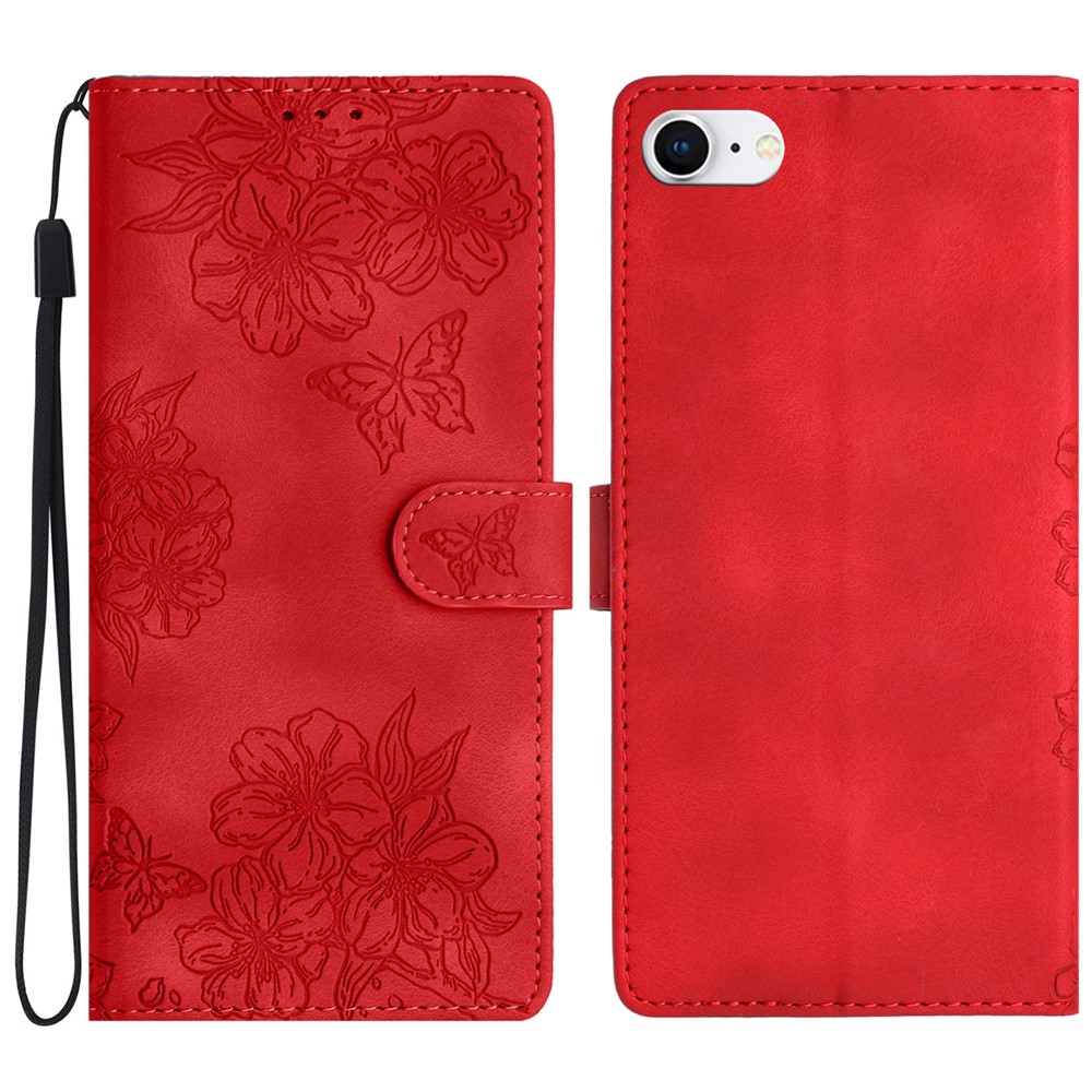 For iPhone 6 / 6s / 7 / 8 4.7 inch / SE (2020) / SE (2022) Case Sakura Butterfly Imprint Leather Wallet Stand Phone Cover - Red