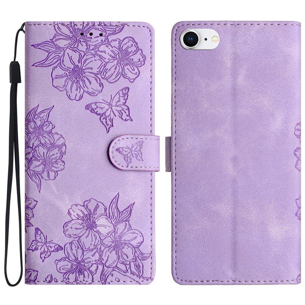 For iPhone 6 / 6s / 7 / 8 4.7 inch / SE (2020) / SE (2022) Case Sakura Butterfly Imprint Leather Wallet Stand Phone Cover - Purple