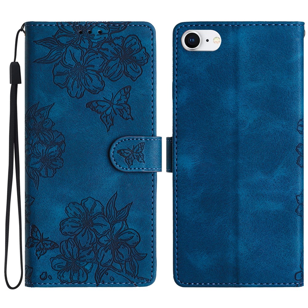 For iPhone 6 / 6s / 7 / 8 4.7 inch / SE (2020) / SE (2022) Case Sakura Butterfly Imprint Leather Wallet Stand Phone Cover - Blue