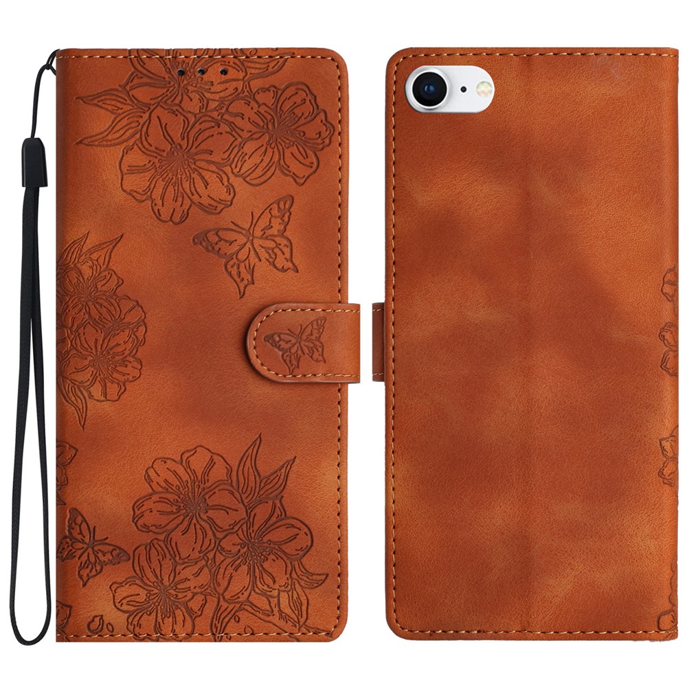 For iPhone 6 / 6s / 7 / 8 4.7 inch / SE (2020) / SE (2022) Case Sakura Butterfly Imprint Leather Wallet Stand Phone Cover - Brown