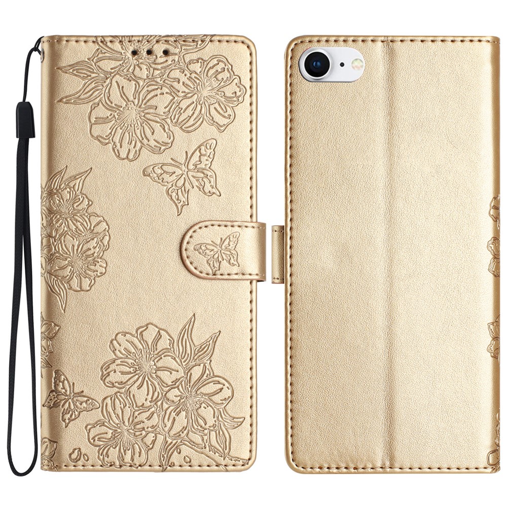 For iPhone 6 / 6s / 7 / 8 4.7 inch / SE (2020) / SE (2022) Case Sakura Butterfly Imprint Leather Wallet Stand Phone Cover - Gold