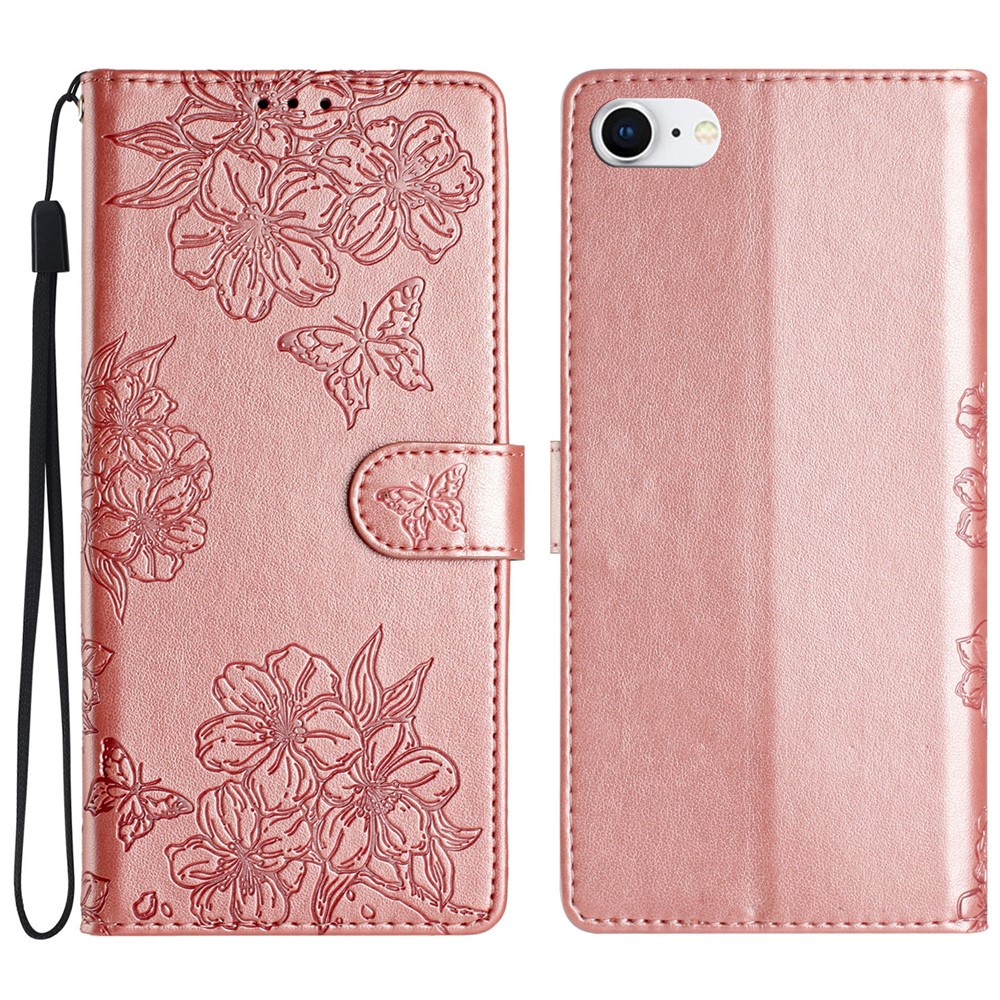 For iPhone 6 / 6s / 7 / 8 4.7 inch / SE (2020) / SE (2022) Case Sakura Butterfly Imprint Leather Wallet Stand Phone Cover - Rose Gold