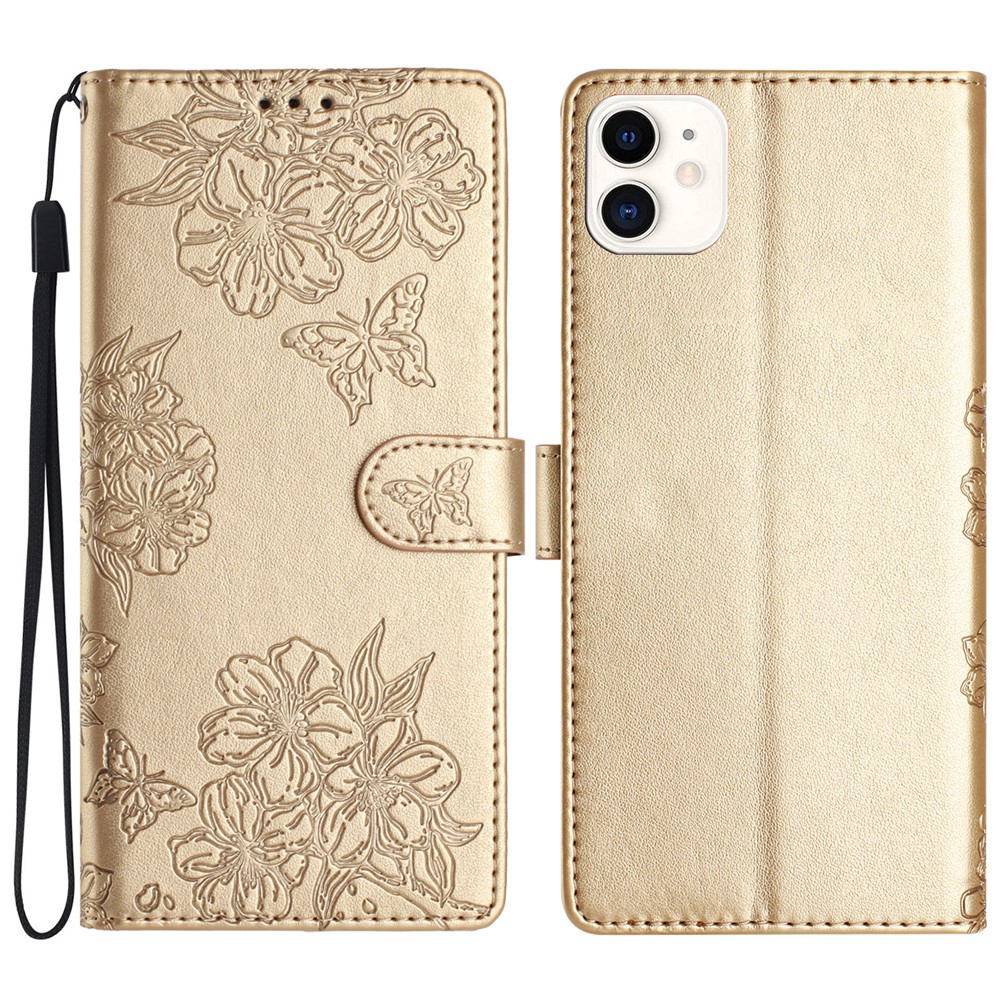 For iPhone 11 Skin-Touch Feeling PU Leather Phone Case Imprinted Pattern Wallet Phone Cover - Gold