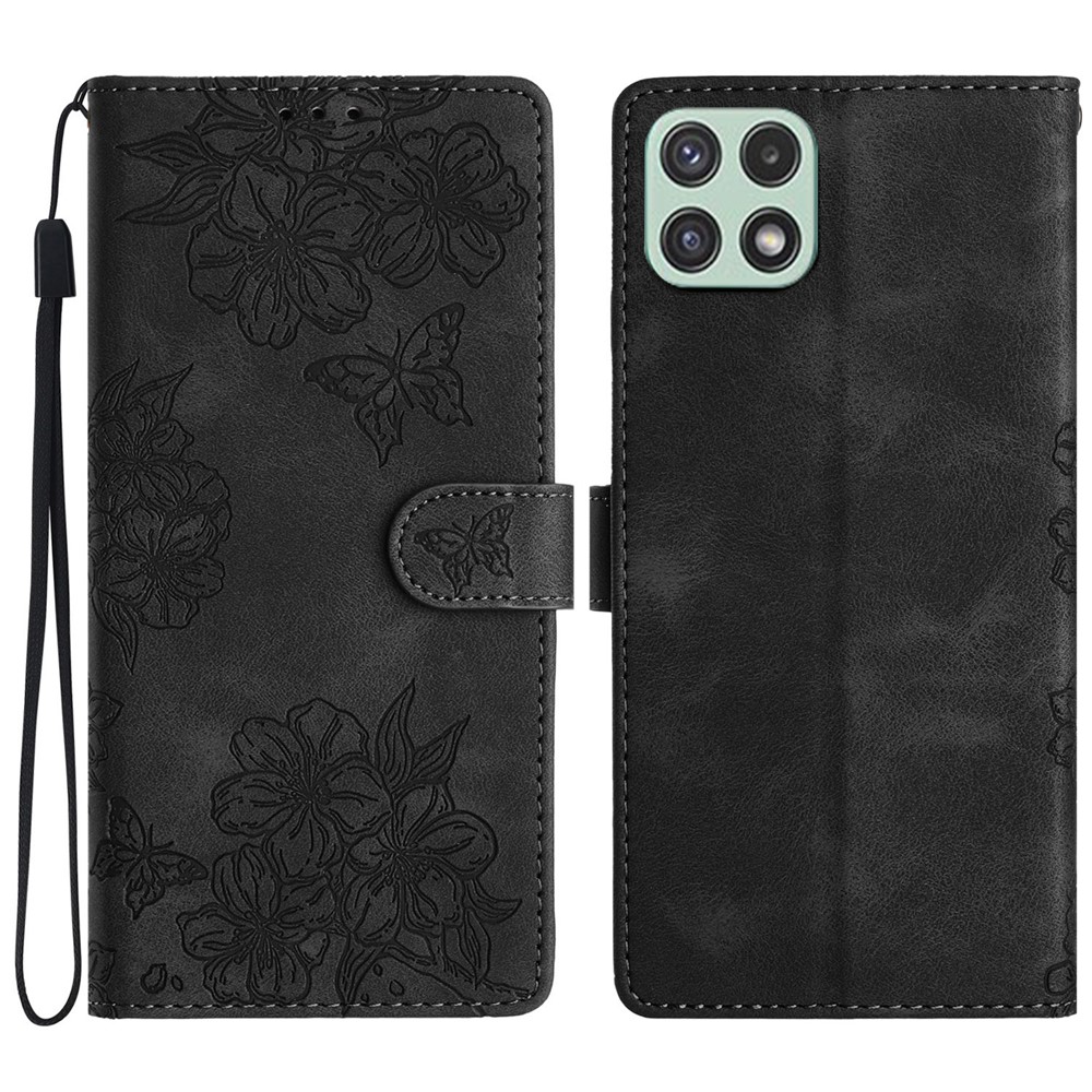For Samsung Galaxy A22 5G (EU Version) Case Sakura Butterfly Pattern Anti-Scratch Leather Phone Cover - Black
