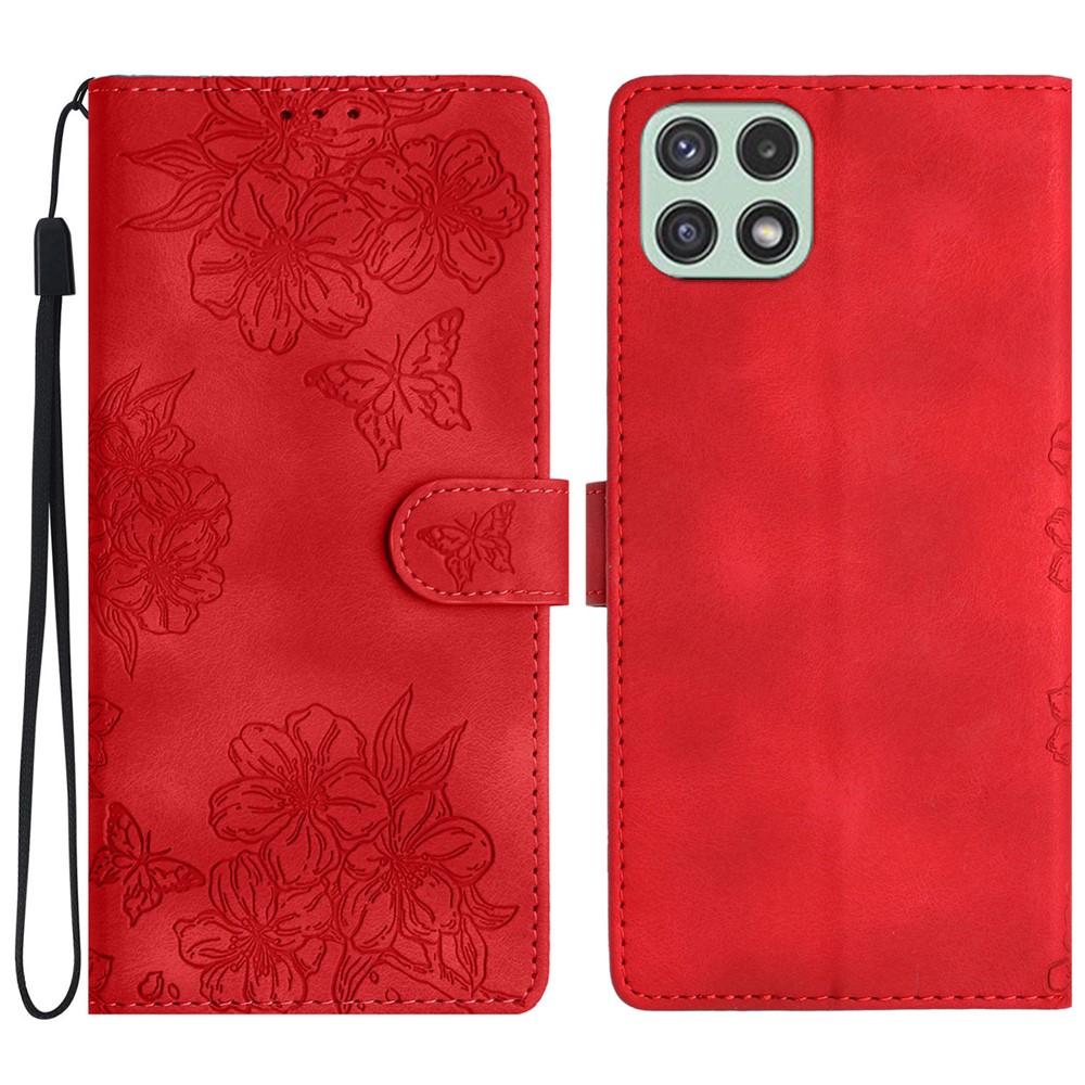 For Samsung Galaxy A22 5G (EU Version) Case Sakura Butterfly Pattern Anti-scratch Leather Phone Cover - Red