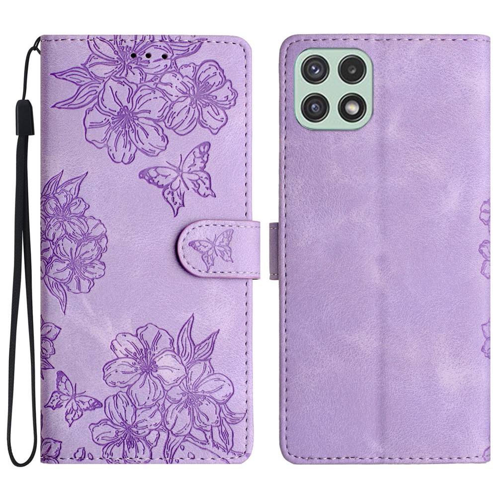For Samsung Galaxy A22 5G (EU Version) Case Sakura Butterfly Pattern Anti-scratch Leather Phone Cover - Purple