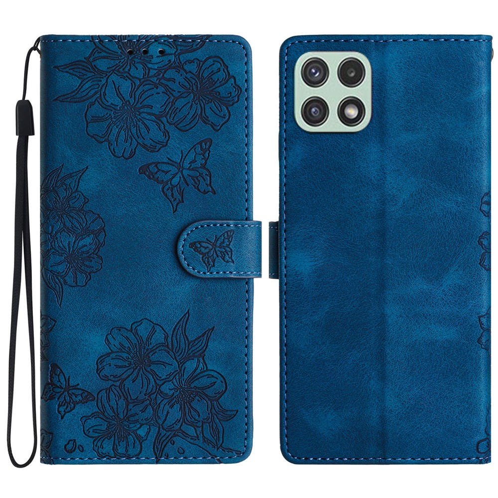 For Samsung Galaxy A22 5G (EU Version) Case Sakura Butterfly Pattern Anti-scratch Leather Phone Cover - Blue